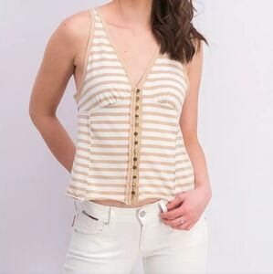 Free People Beige and White Striped V-Neck Button Tank